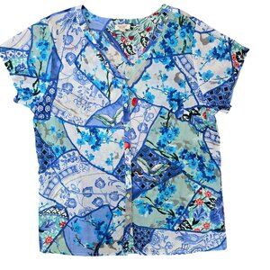 Orientique Naturally Australian Blue & Green Patchwork Floral Short Sleeve Size